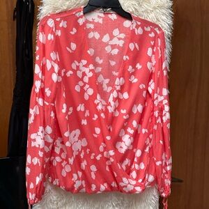 Lovestitch Women’s Front Wrap Coral and White Blouse. Size S.
